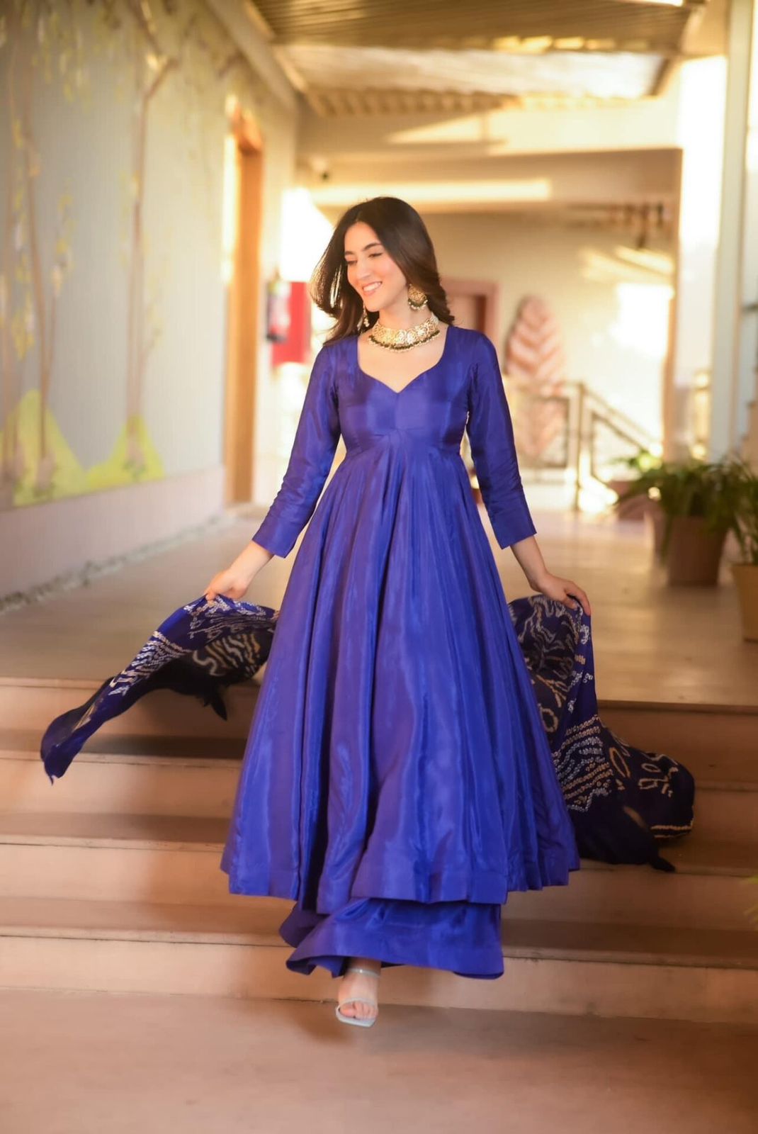 Wedding Wear Blue Color Designer Chinnon Silk Anarkali Palazzo Suit