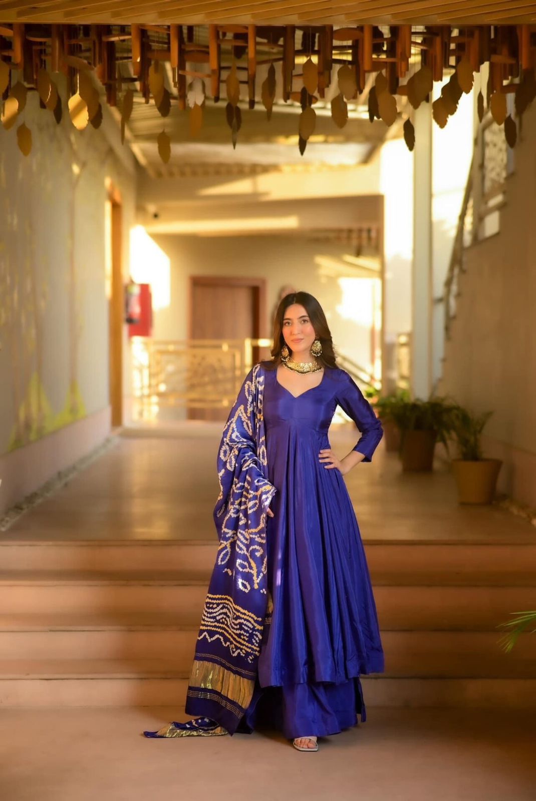 Wedding Wear Blue Color Designer Chinnon Silk Anarkali Palazzo Suit