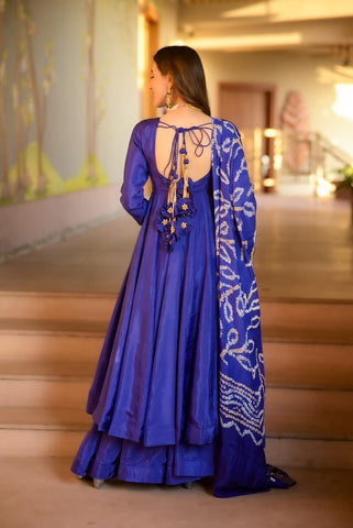 Wedding Wear Blue Color Designer Chinnon Silk Anarkali Palazzo Suit