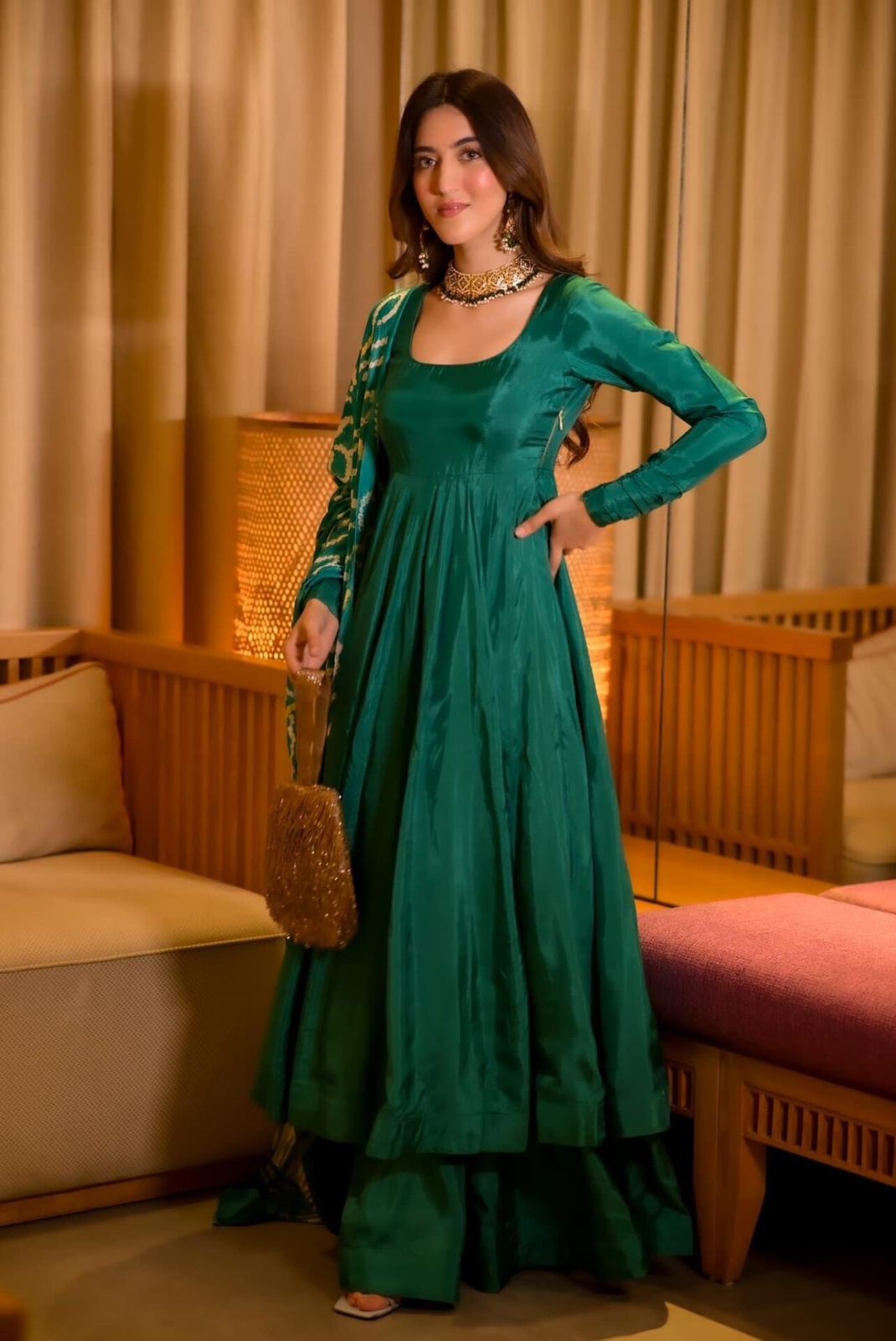 Wedding Wear Teal Green Color Designer Chinnon Silk Anarkali Palazzo Suit