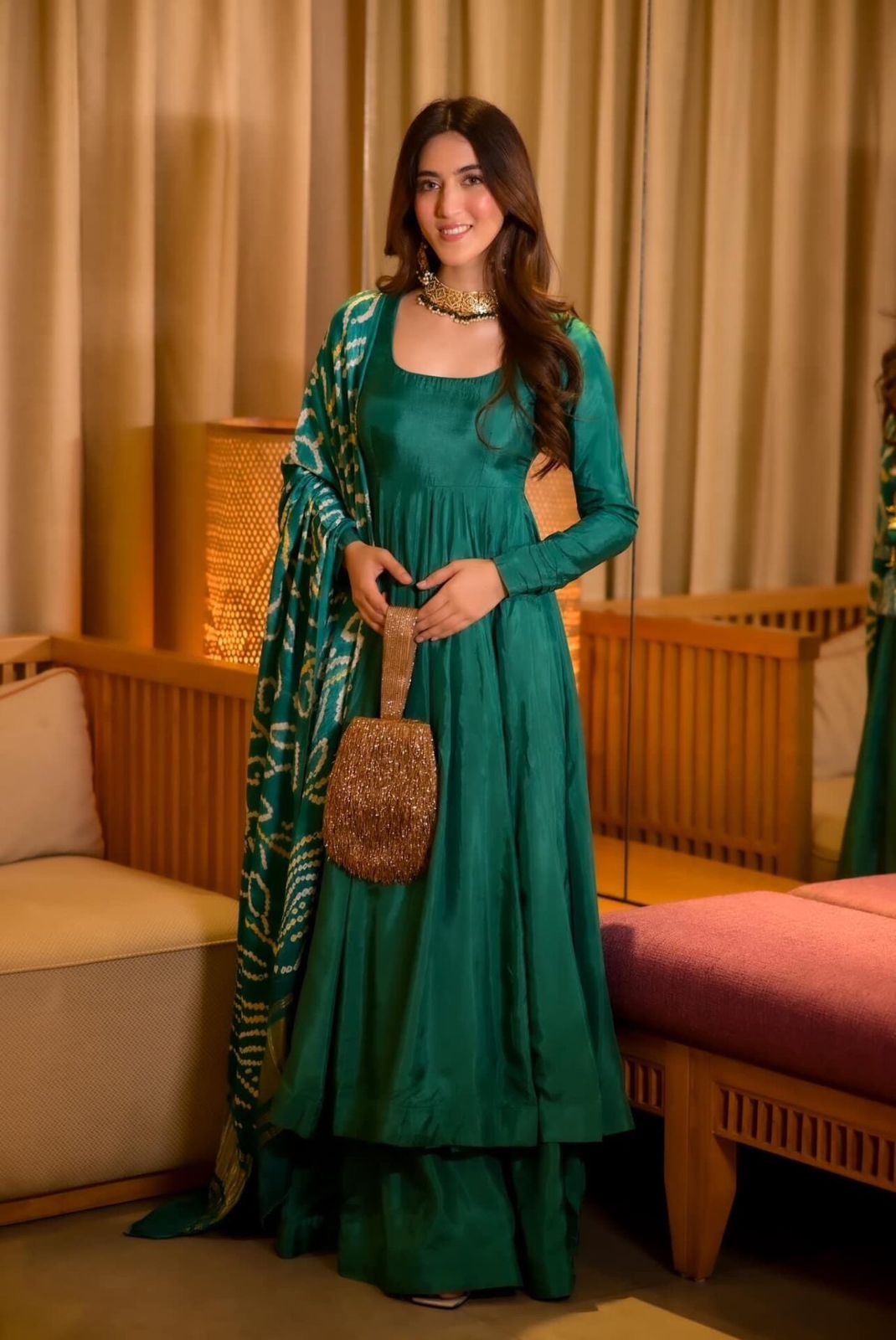 Wedding Wear Teal Green Color Designer Chinnon Silk Anarkali Palazzo Suit
