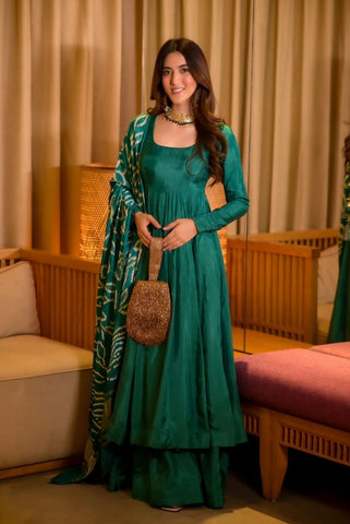 Wedding Wear Teal Green Color Designer Chinnon Silk Anarkali Palazzo Suit
