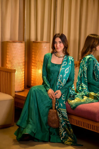 Wedding Wear Teal Green Color Designer Chinnon Silk Anarkali Palazzo Suit