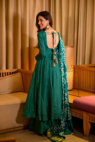 Wedding Wear Teal Green Color Designer Chinnon Silk Anarkali Palazzo Suit