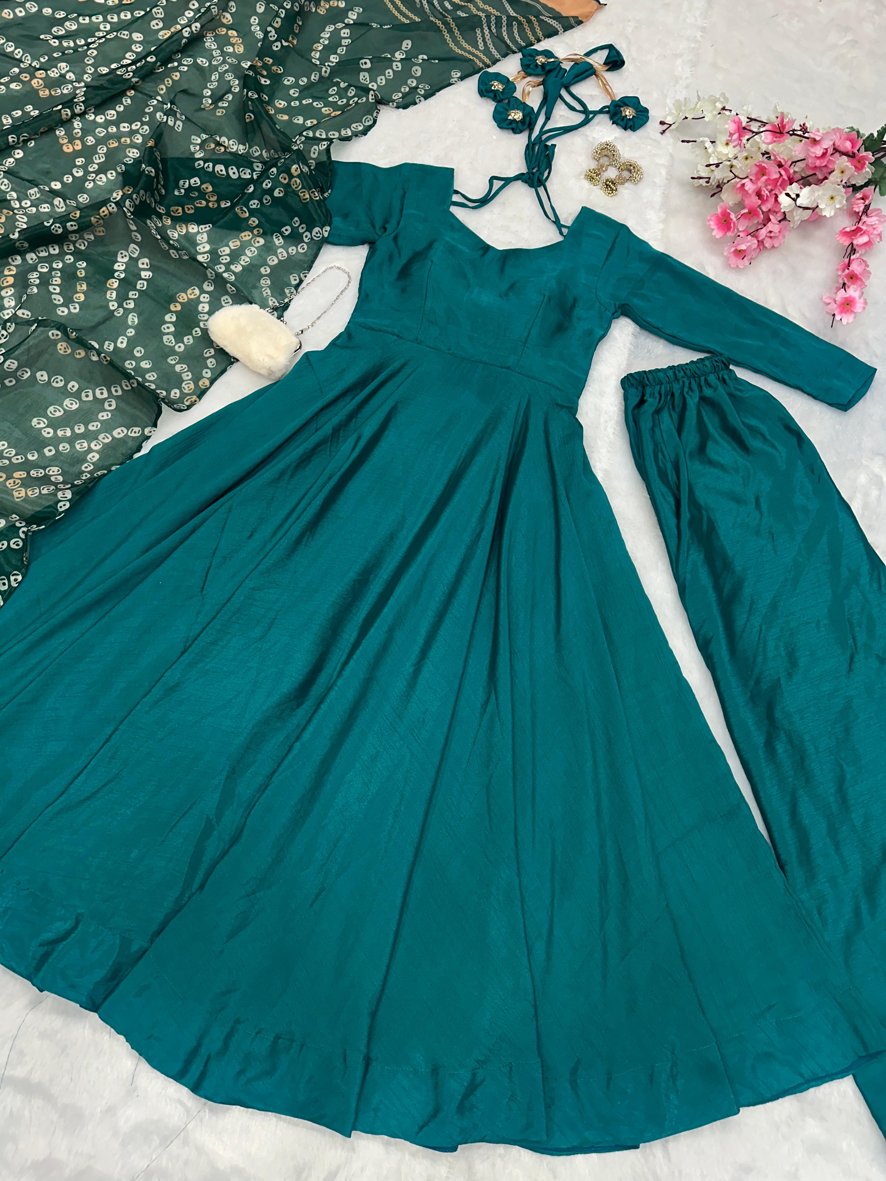 Wedding Wear Teal Green Color Designer Chinnon Silk Anarkali Palazzo Suit