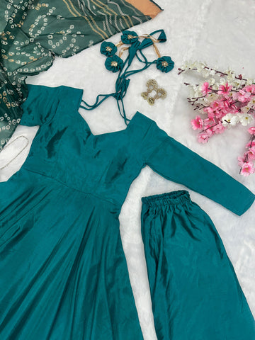 Wedding Wear Teal Green Color Designer Chinnon Silk Anarkali Palazzo Suit