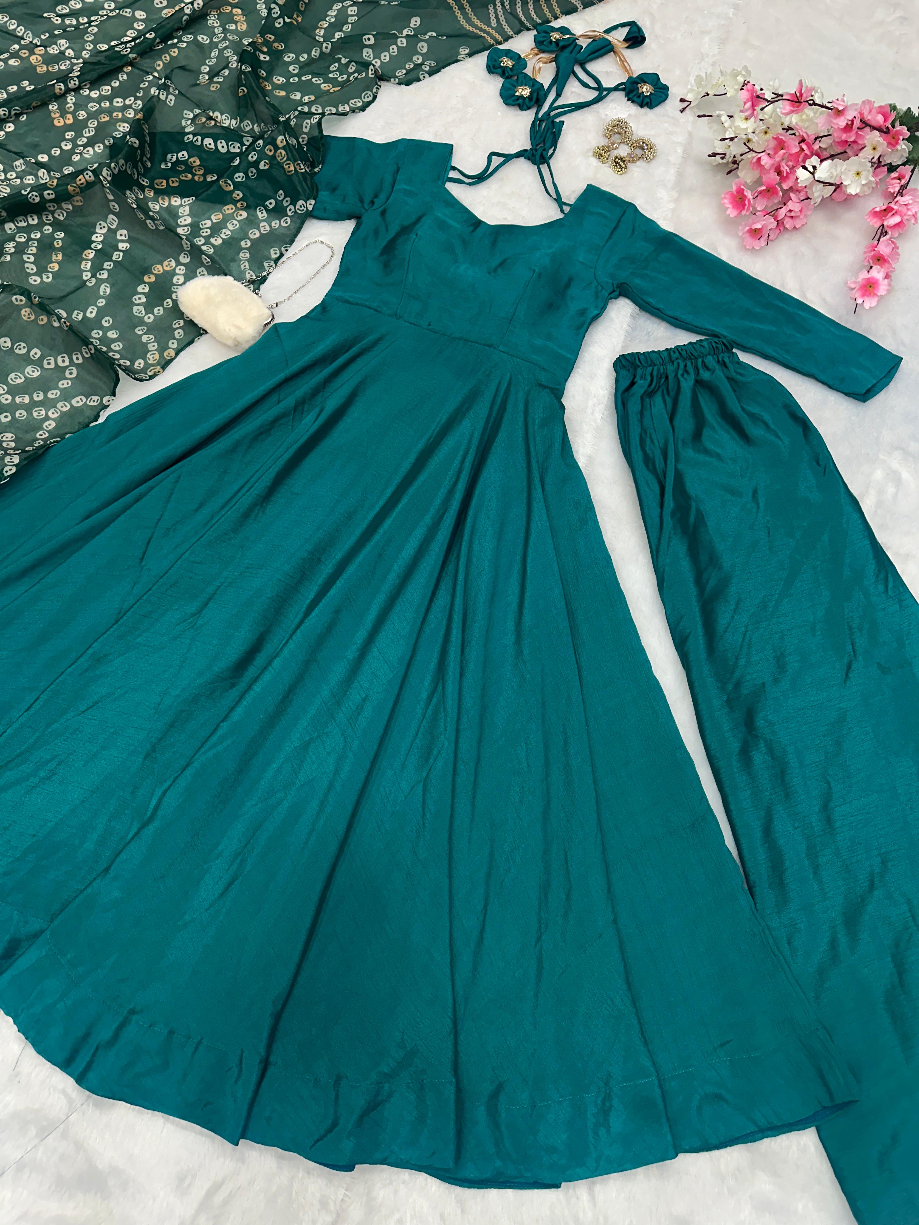 Wedding Wear Teal Green Color Designer Chinnon Silk Anarkali Palazzo Suit