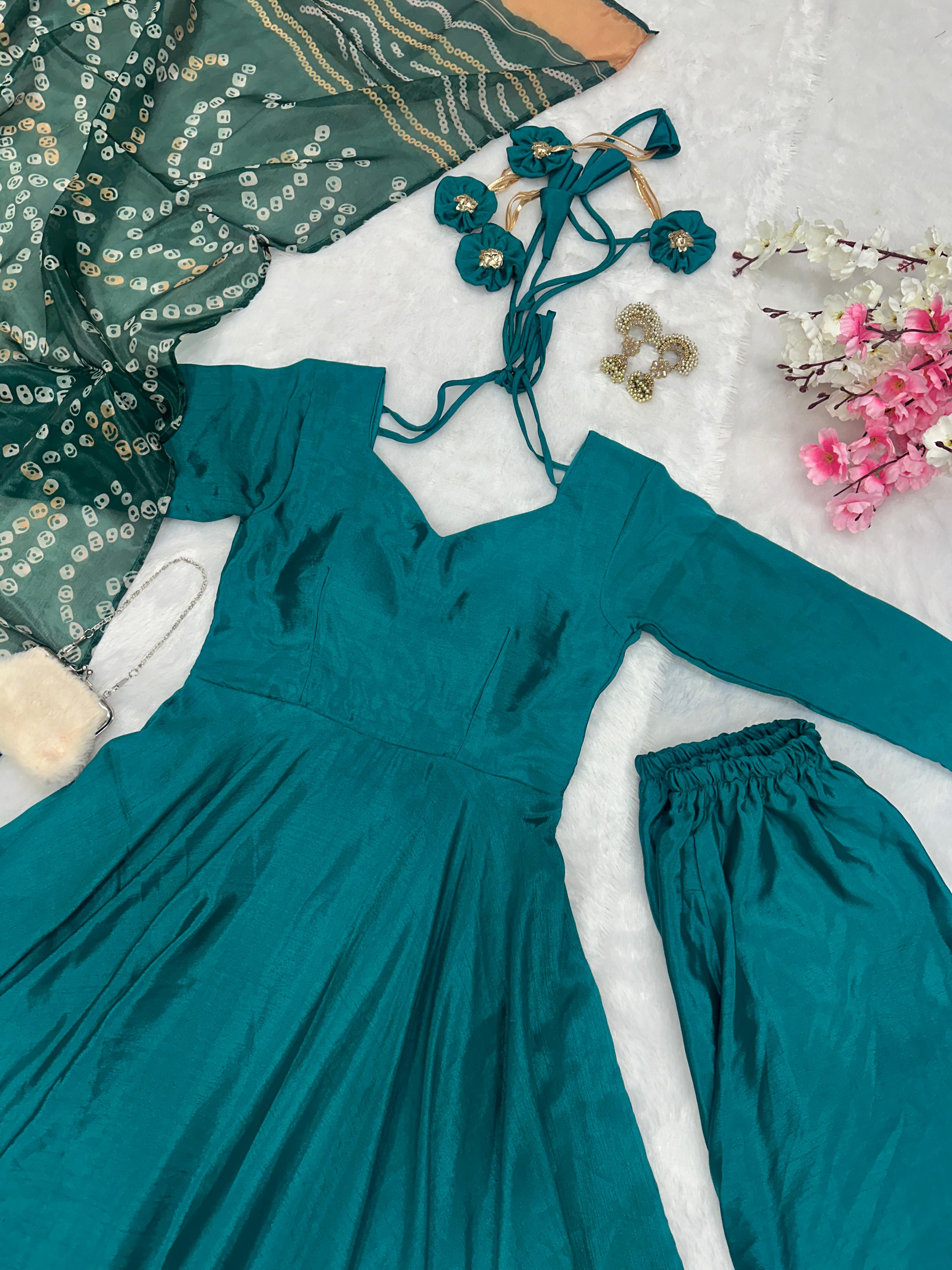 Wedding Wear Teal Green Color Designer Chinnon Silk Anarkali Palazzo Suit