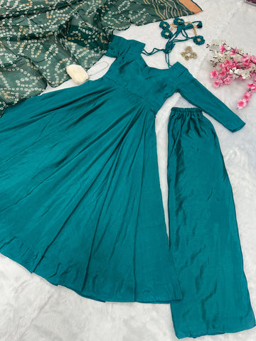 Wedding Wear Teal Green Color Designer Chinnon Silk Anarkali Palazzo Suit