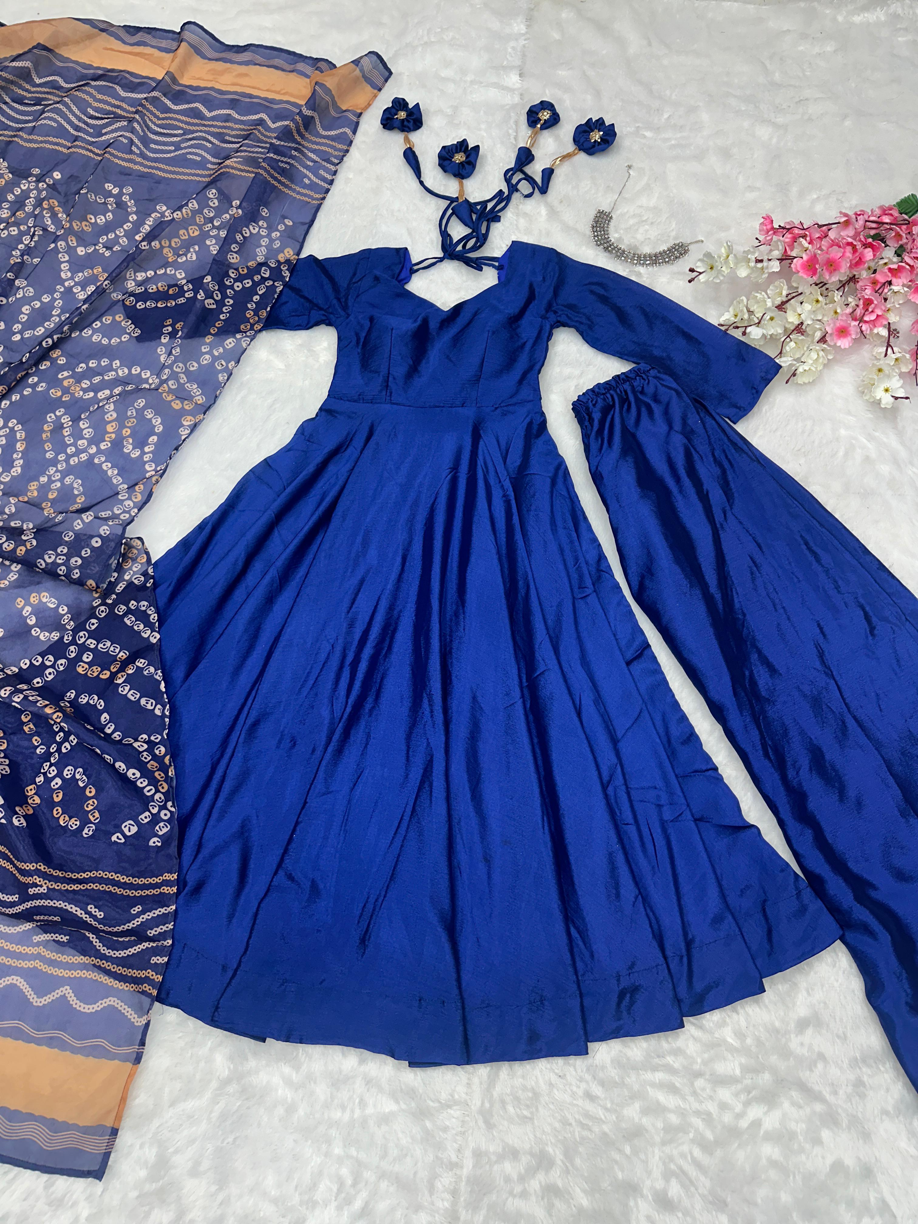 Wedding Wear Blue Color Designer Chinnon Silk Anarkali Palazzo Suit