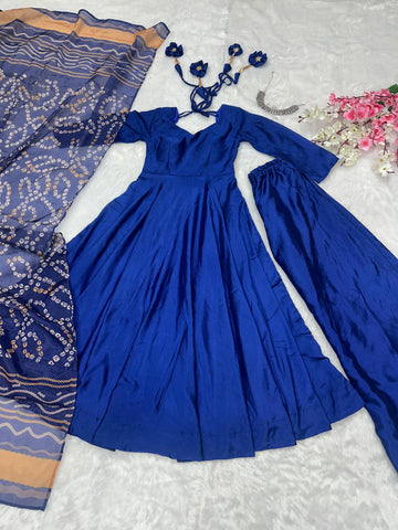 Wedding Wear Blue Color Designer Chinnon Silk Anarkali Palazzo Suit