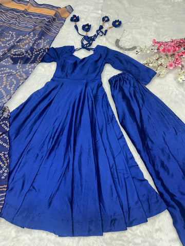 Wedding Wear Blue Color Designer Chinnon Silk Anarkali Palazzo Suit