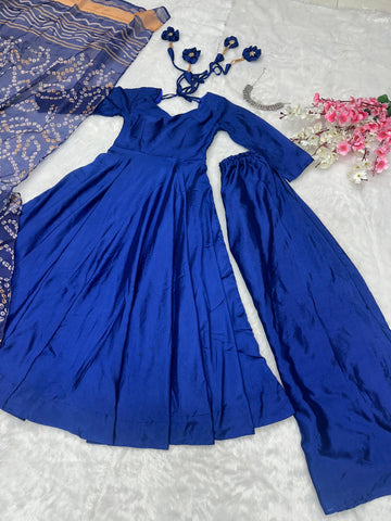 Wedding Wear Blue Color Designer Chinnon Silk Anarkali Palazzo Suit