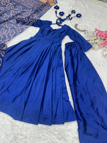 Wedding Wear Blue Color Designer Chinnon Silk Anarkali Palazzo Suit