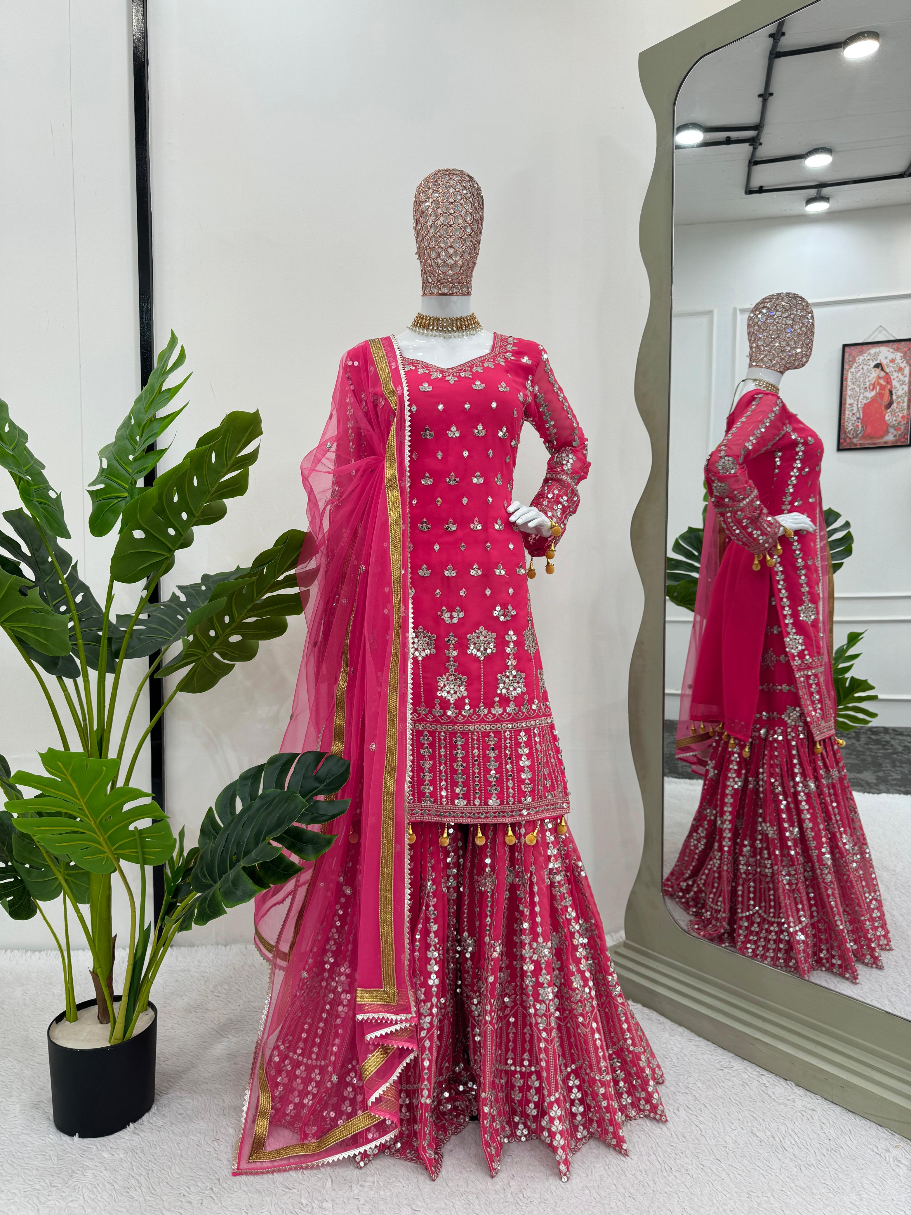 Captivating Pink Color Faux Georgette And Thread With 9mm Sequence Beautiful Sharara Suit