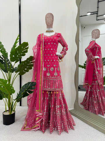 Captivating Pink Color Faux Georgette And Thread With 9mm Sequence Beautiful Sharara Suit