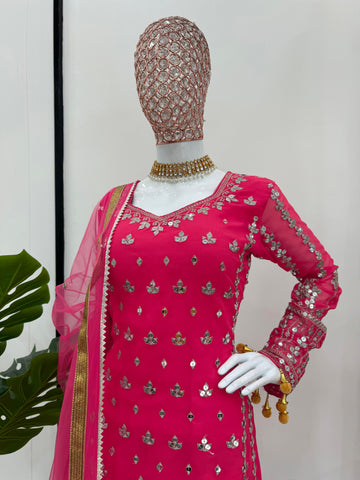 Captivating Pink Color Faux Georgette And Thread With 9mm Sequence Beautiful Sharara Suit