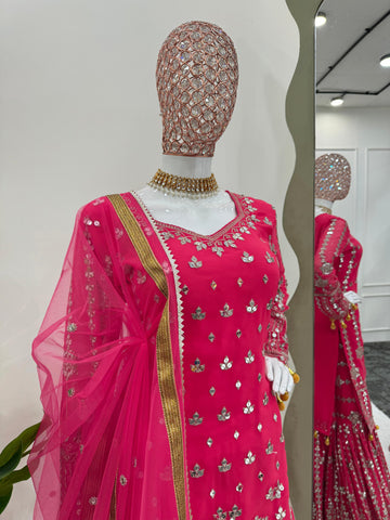 Captivating Pink Color Faux Georgette And Thread With 9mm Sequence Beautiful Sharara Suit