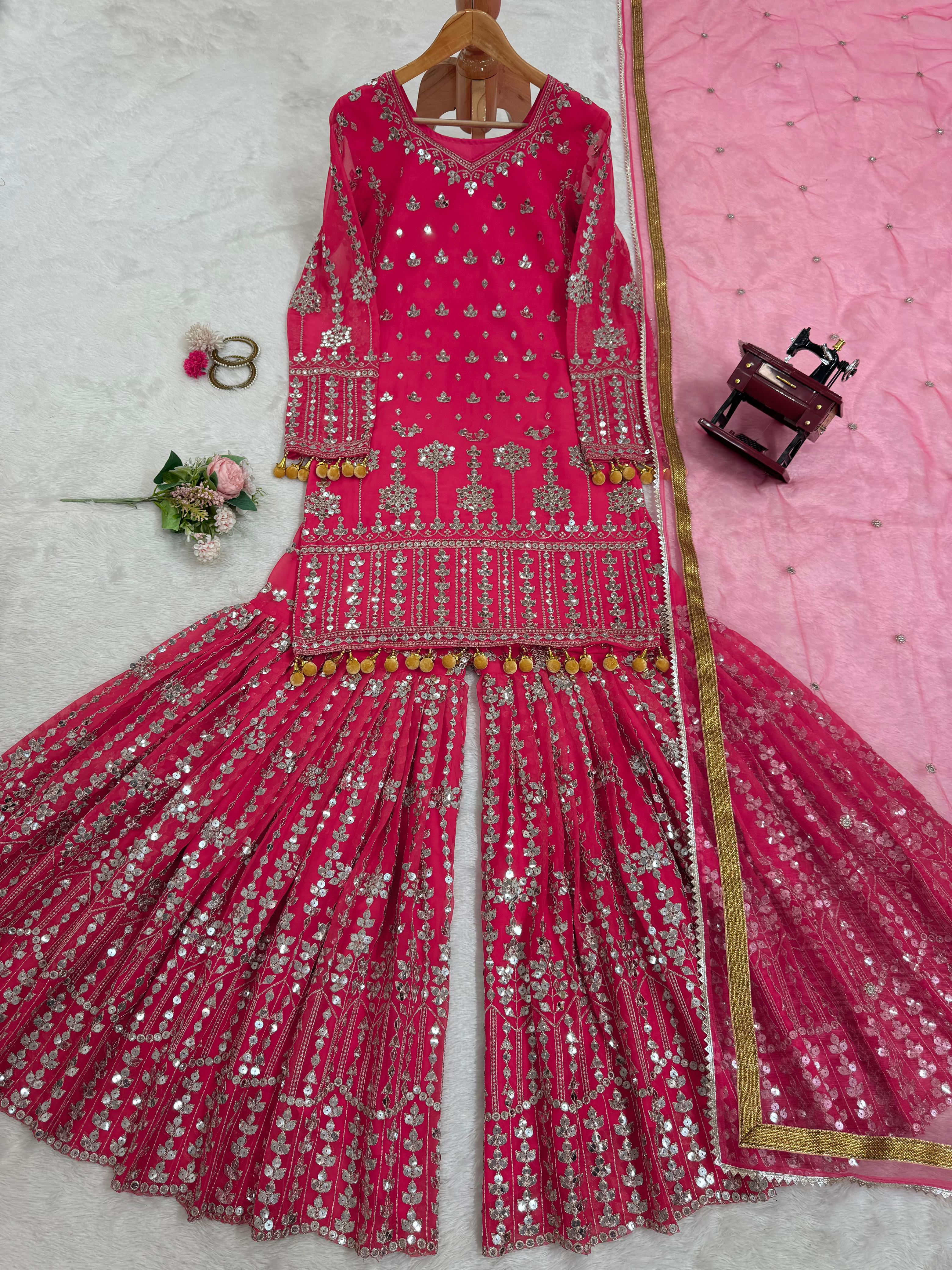 Captivating Pink Color Faux Georgette And Thread With 9mm Sequence Beautiful Sharara Suit