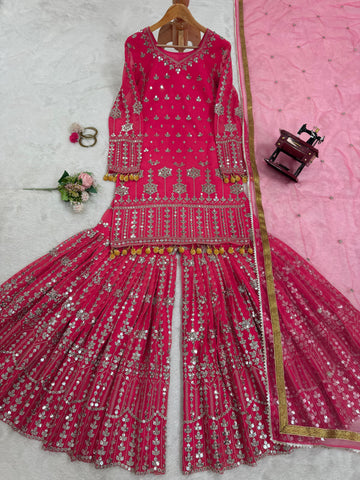 Captivating Pink Color Faux Georgette And Thread With 9mm Sequence Beautiful Sharara Suit