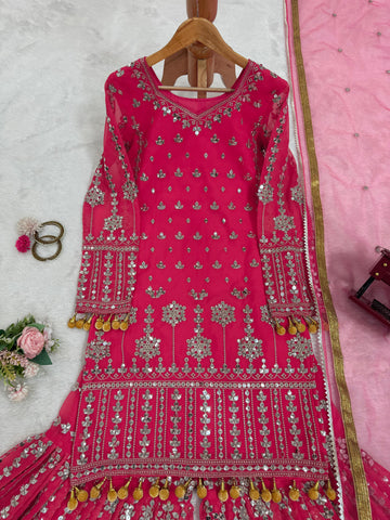 Captivating Pink Color Faux Georgette And Thread With 9mm Sequence Beautiful Sharara Suit