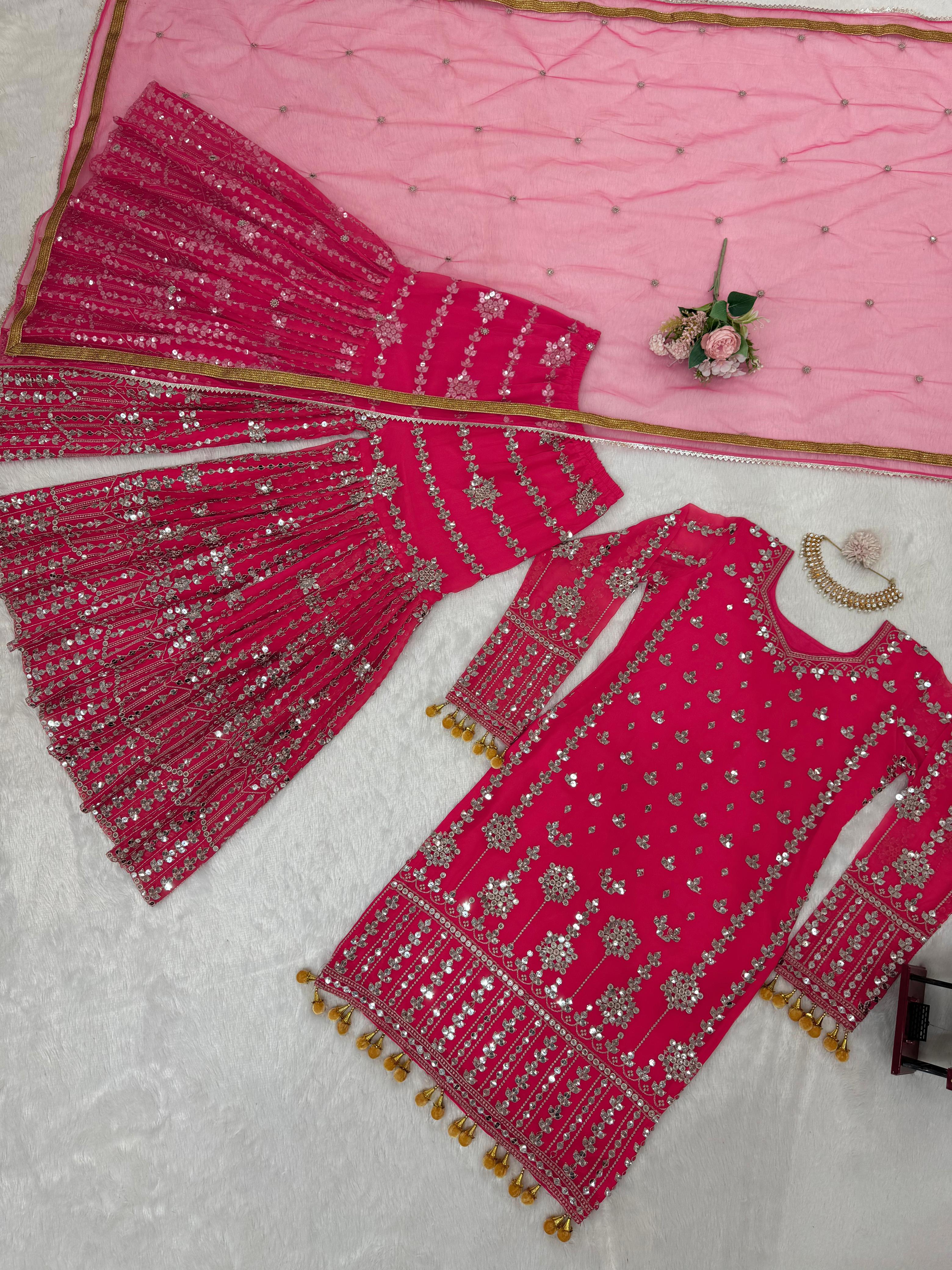 Captivating Pink Color Faux Georgette And Thread With 9mm Sequence Beautiful Sharara Suit
