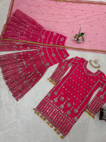 Captivating Pink Color Faux Georgette And Thread With 9mm Sequence Beautiful Sharara Suit