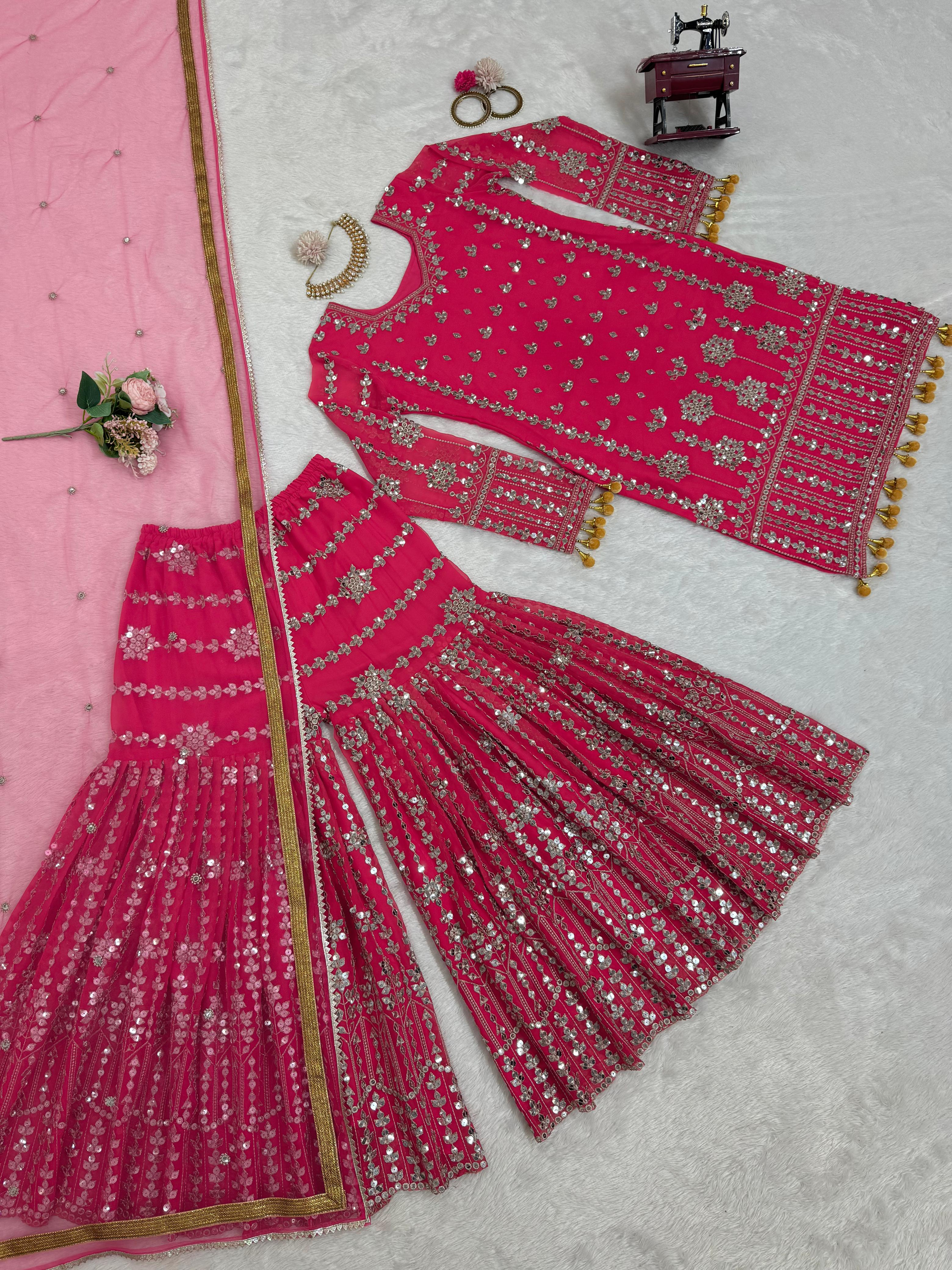 Captivating Pink Color Faux Georgette And Thread With 9mm Sequence Beautiful Sharara Suit