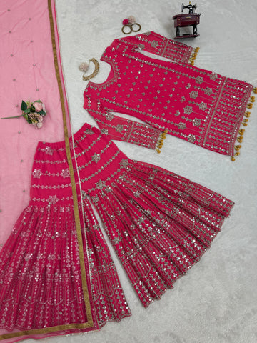 Captivating Pink Color Faux Georgette And Thread With 9mm Sequence Beautiful Sharara Suit