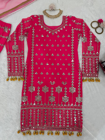 Captivating Pink Color Faux Georgette And Thread With 9mm Sequence Beautiful Sharara Suit