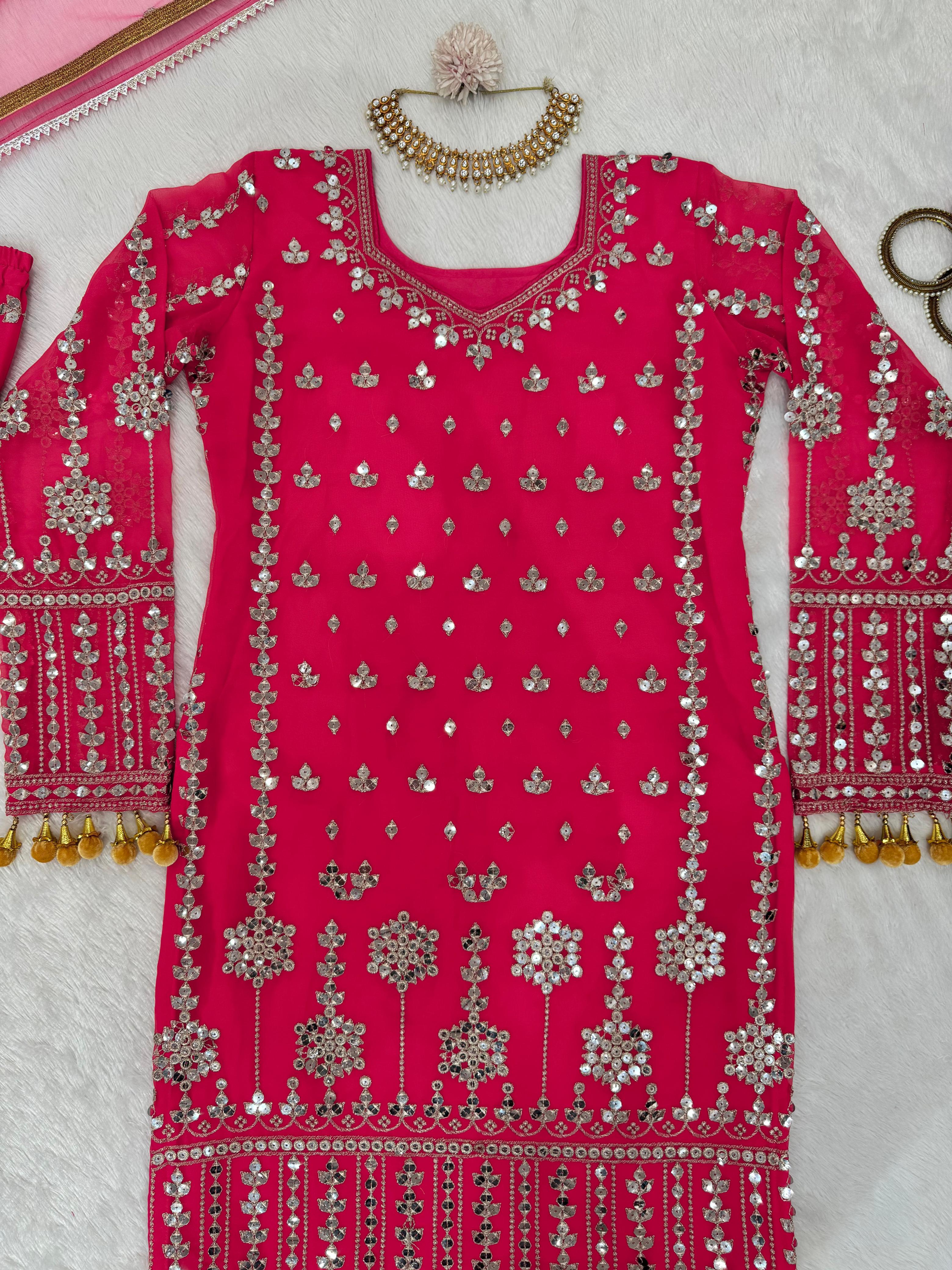 Captivating Pink Color Faux Georgette And Thread With 9mm Sequence Beautiful Sharara Suit