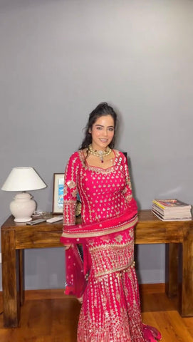 Captivating Pink Color Faux Georgette And Thread With 9mm Sequence Beautiful Sharara Suit