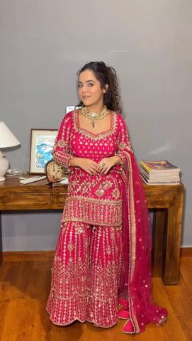 Captivating Pink Color Faux Georgette And Thread With 9mm Sequence Beautiful Sharara Suit