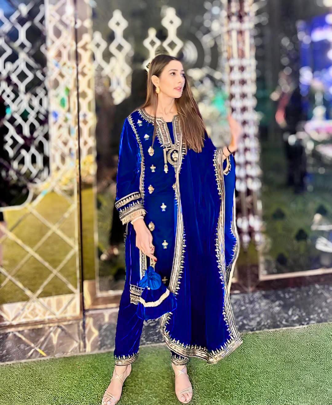 Luxuriant Blue Color Viscos Velvet And Thread With Sequence With Fancy Lace Border Designer Salwar Suit