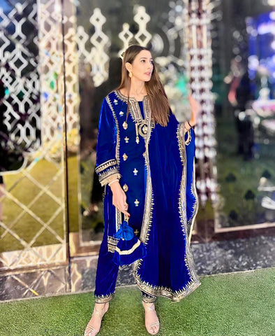 Luxuriant Blue Color Viscos Velvet And Thread With Sequence With Fancy Lace Border Designer Salwar Suit