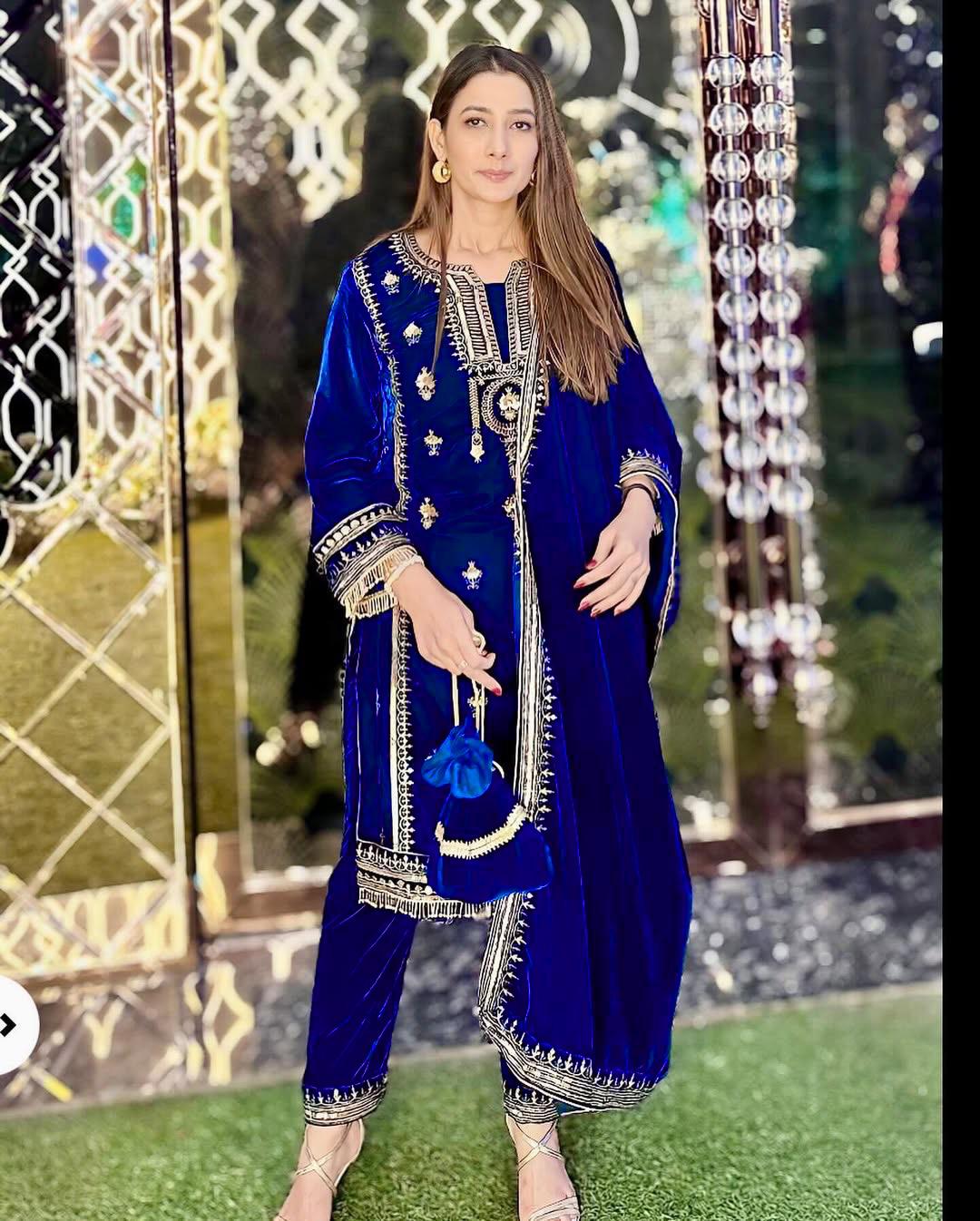 Luxuriant Blue Color Viscos Velvet And Thread With Sequence With Fancy Lace Border Designer Salwar Suit