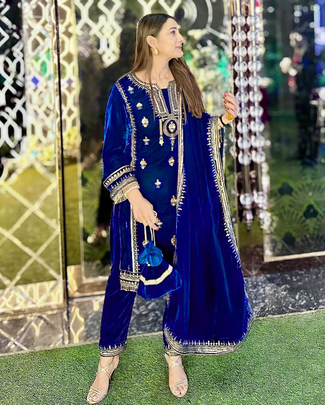 Luxuriant Blue Color Viscos Velvet And Thread With Sequence With Fancy Lace Border Designer Salwar Suit