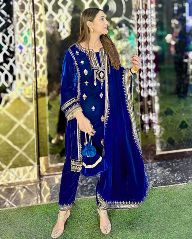 Luxuriant Blue Color Viscos Velvet And Thread With Sequence With Fancy Lace Border Designer Salwar Suit