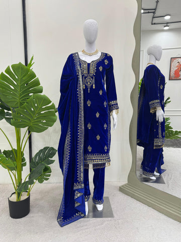 Luxuriant Blue Color Viscos Velvet And Thread With Sequence With Fancy Lace Border Designer Salwar Suit