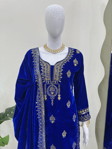 Luxuriant Blue Color Viscos Velvet And Thread With Sequence With Fancy Lace Border Designer Salwar Suit