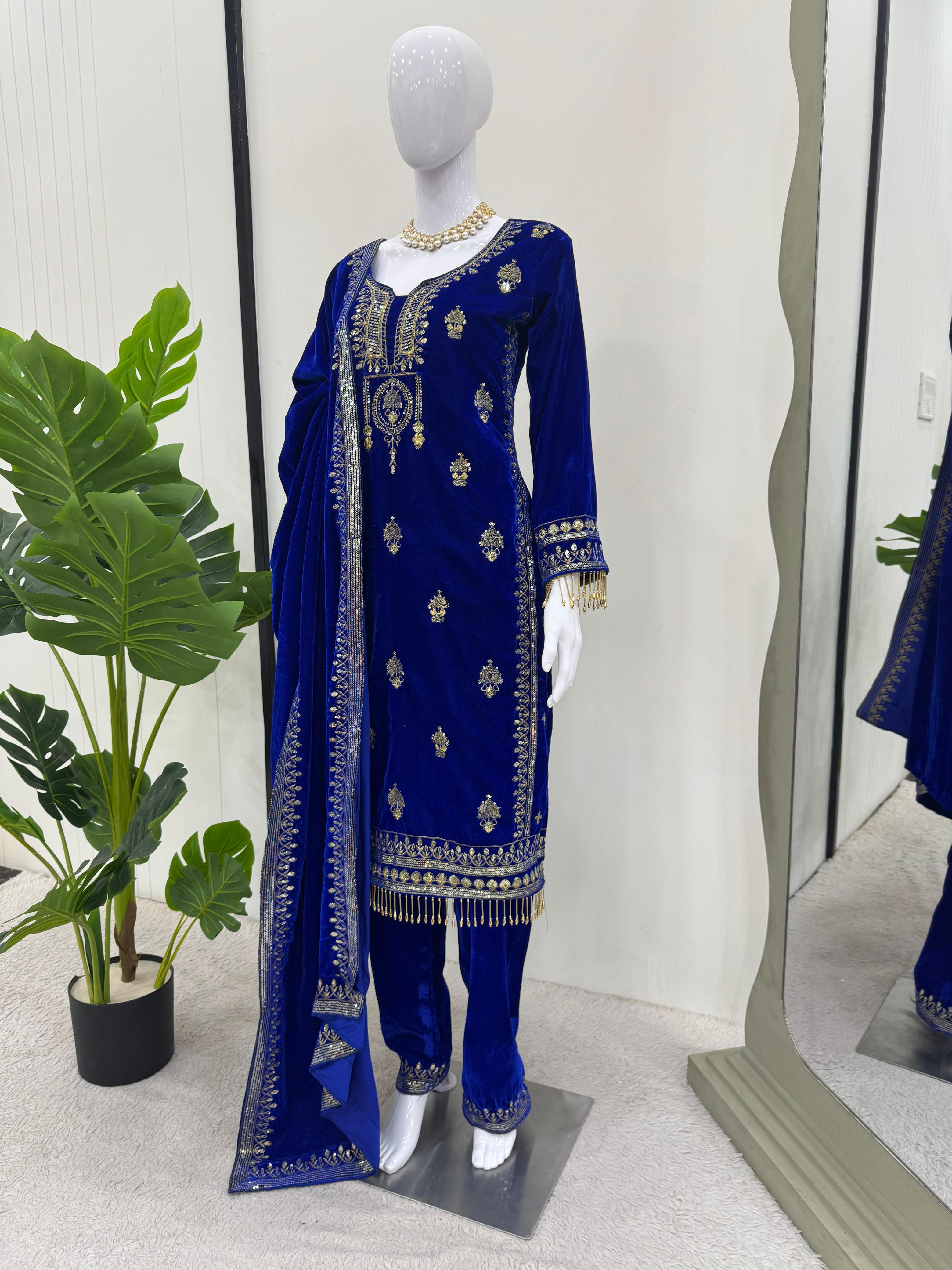 Luxuriant Blue Color Viscos Velvet And Thread With Sequence With Fancy Lace Border Designer Salwar Suit