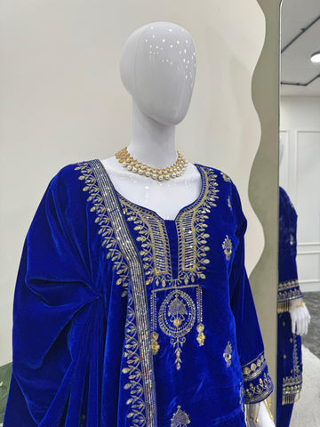 Luxuriant Blue Color Viscos Velvet And Thread With Sequence With Fancy Lace Border Designer Salwar Suit