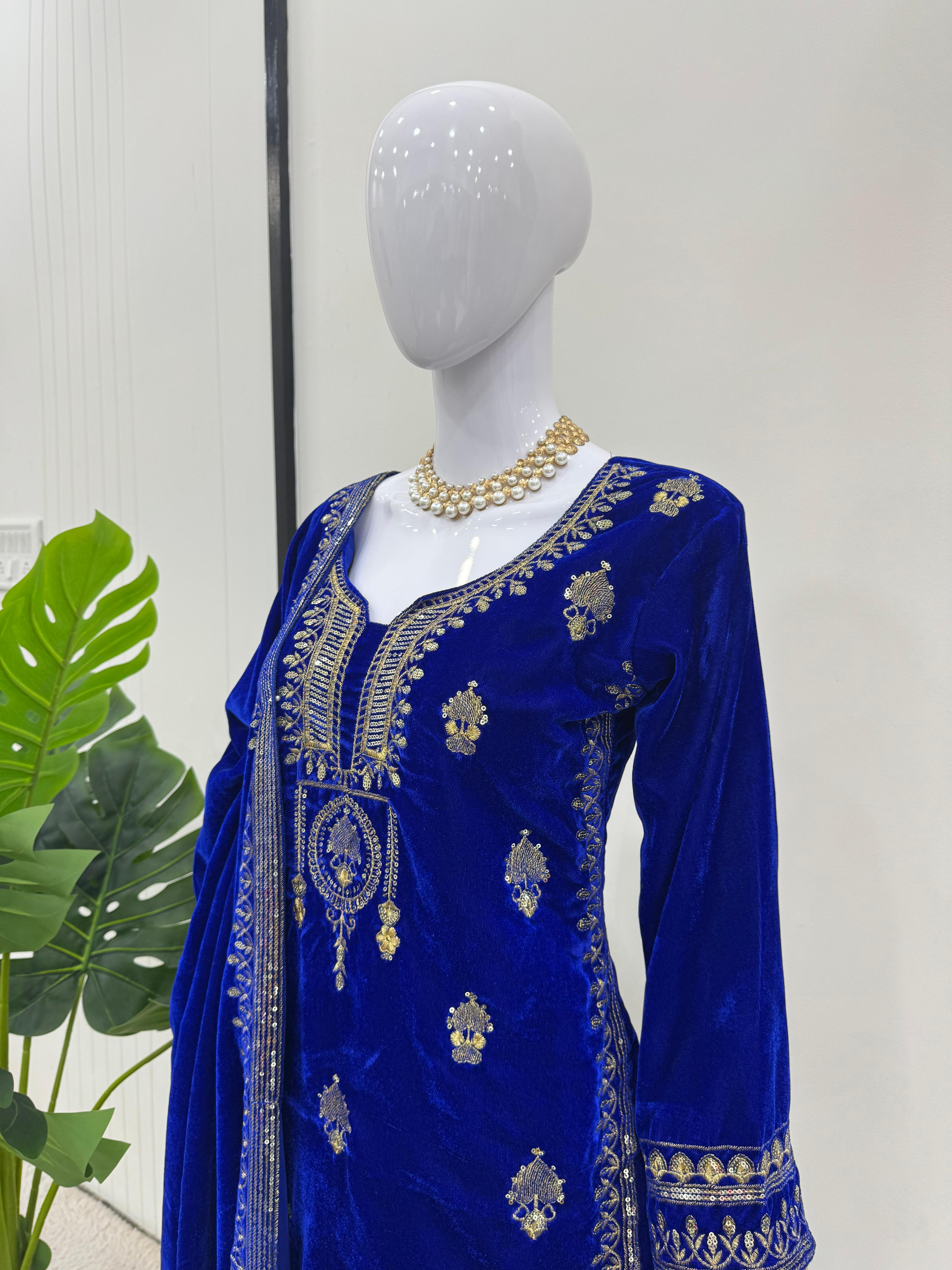 Luxuriant Blue Color Viscos Velvet And Thread With Sequence With Fancy Lace Border Designer Salwar Suit