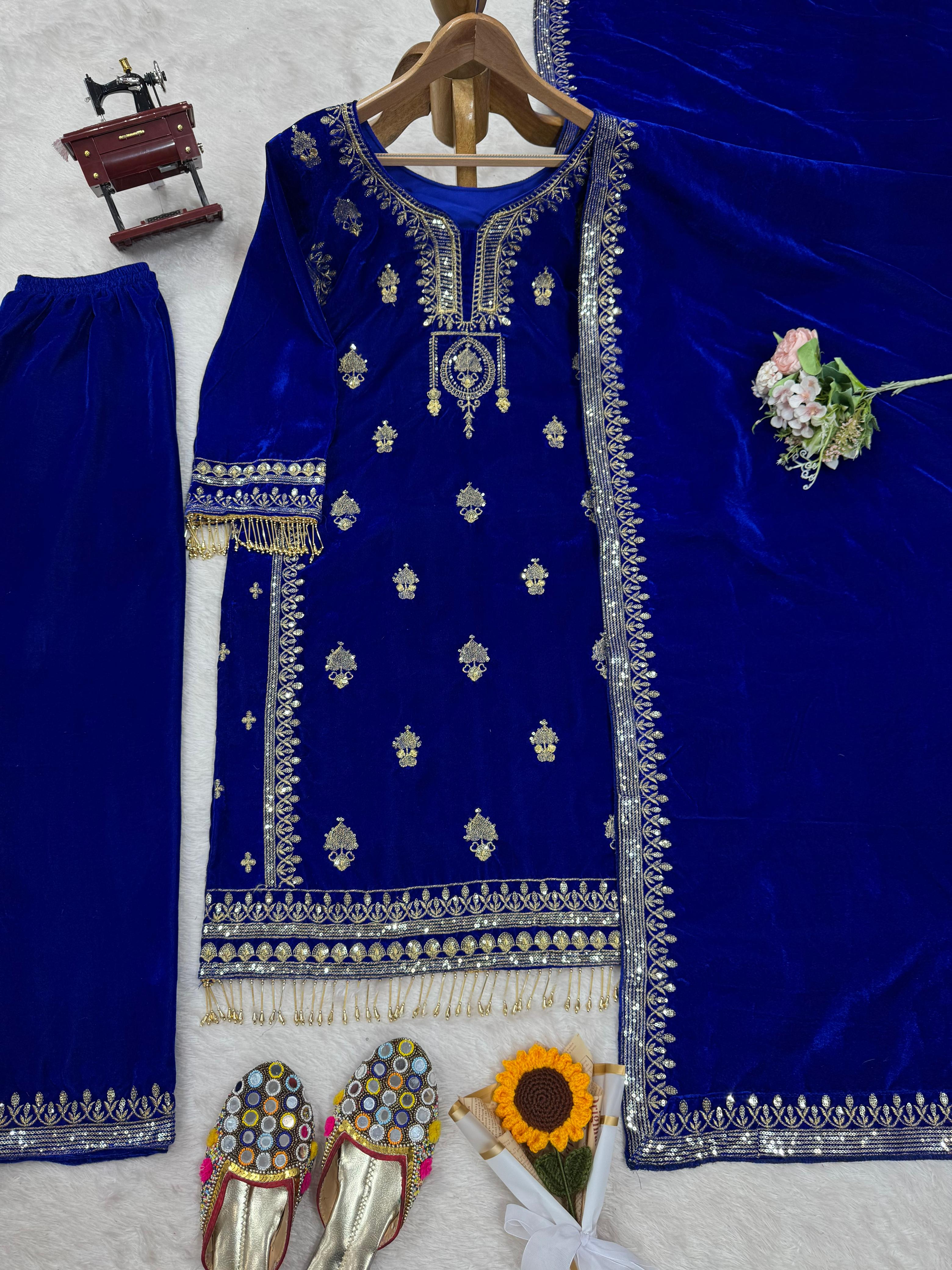 Luxuriant Blue Color Viscos Velvet And Thread With Sequence With Fancy Lace Border Designer Salwar Suit