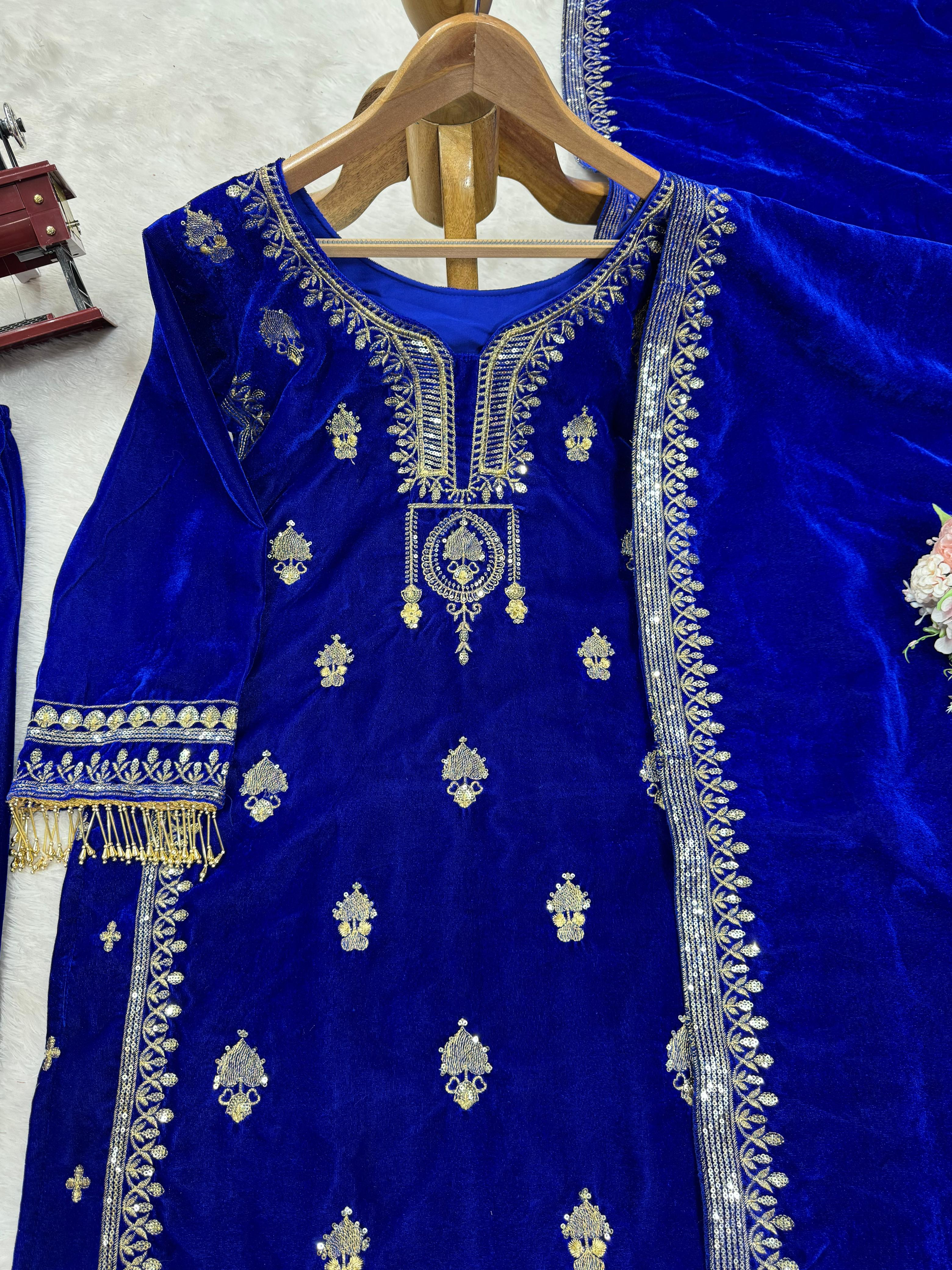 Luxuriant Blue Color Viscos Velvet And Thread With Sequence With Fancy Lace Border Designer Salwar Suit