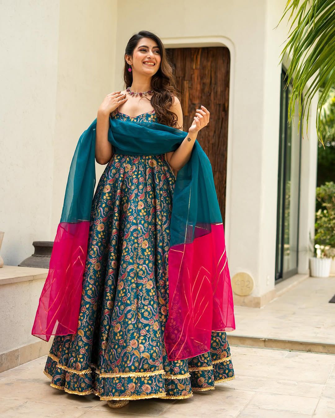 Teal Color Digital Printed Jimmy Organza Silk Designer Anarkali Gown