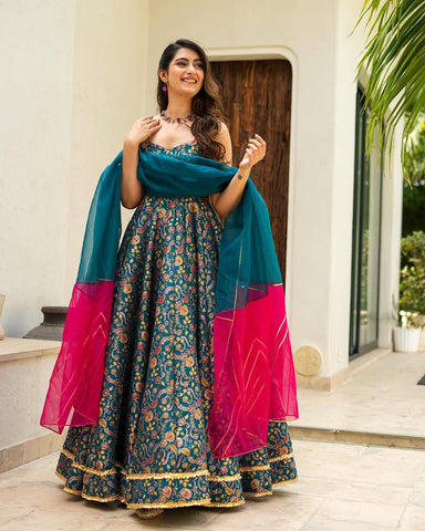 Teal Color Digital Printed Jimmy Organza Silk Designer Anarkali Gown