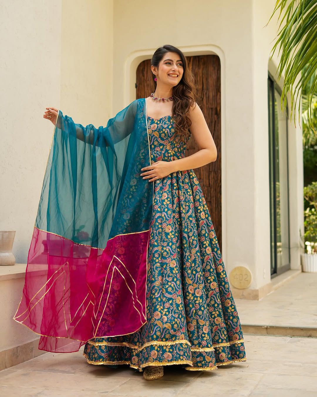 Teal Color Digital Printed Jimmy Organza Silk Designer Anarkali Gown