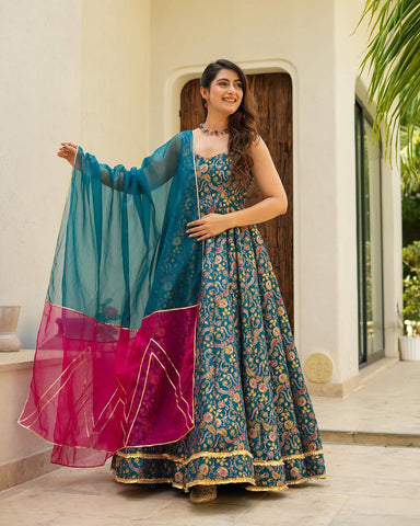 Teal Color Digital Printed Jimmy Organza Silk Designer Anarkali Gown