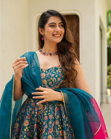 Teal Color Digital Printed Jimmy Organza Silk Designer Anarkali Gown
